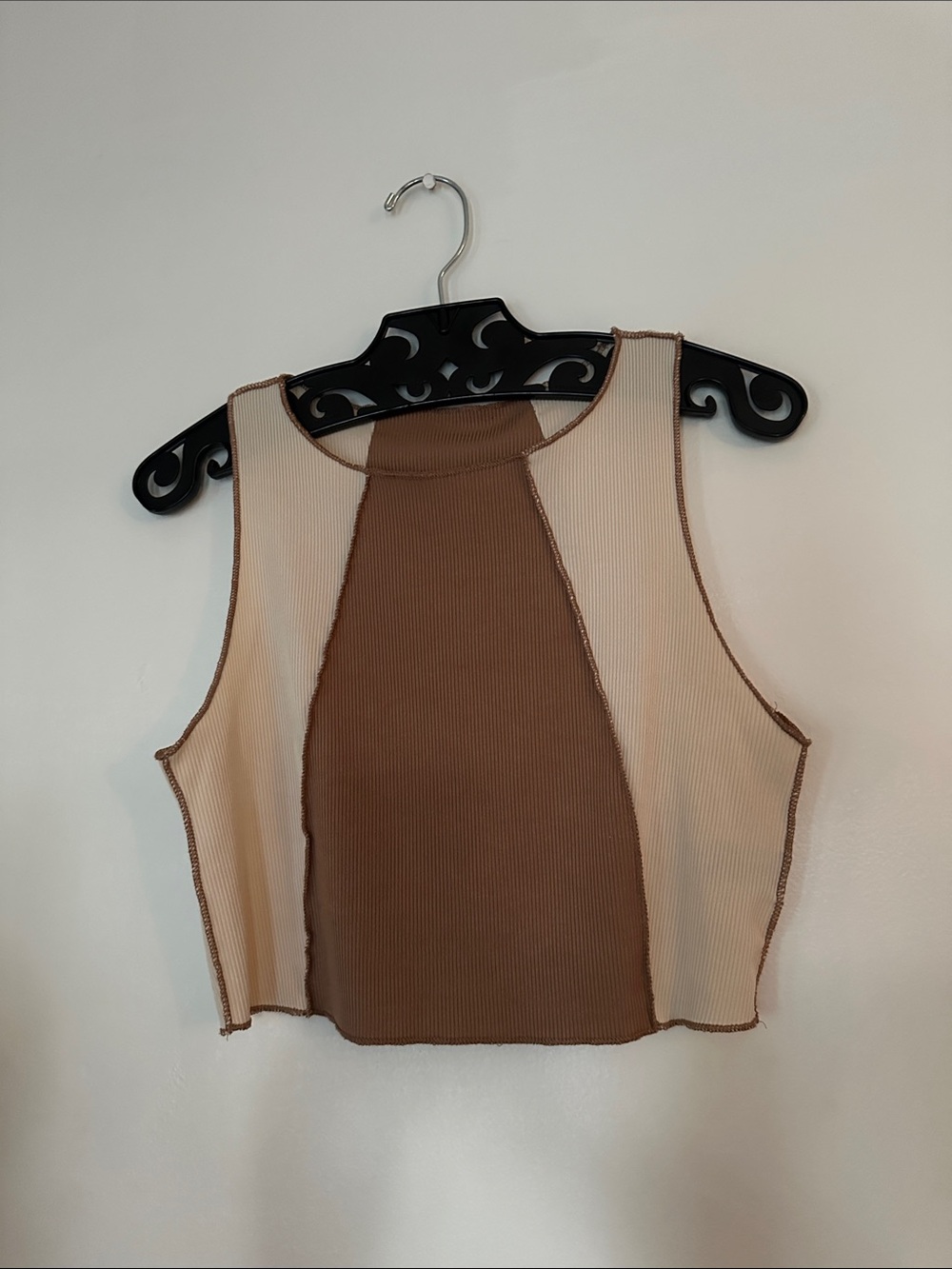 Colorblock Ribbed Crop Tank Top - Brown & Cream